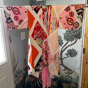 Children’s Vintage Patchwork Floral Japanese Kimono in Pink & Red